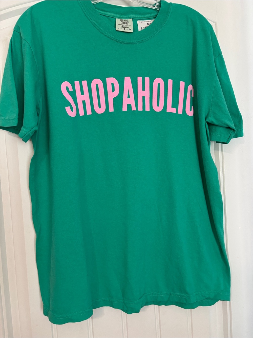 Comfort Colors Green "SHOPAHOLIC" Short Sleeve Tee with Pink Logo